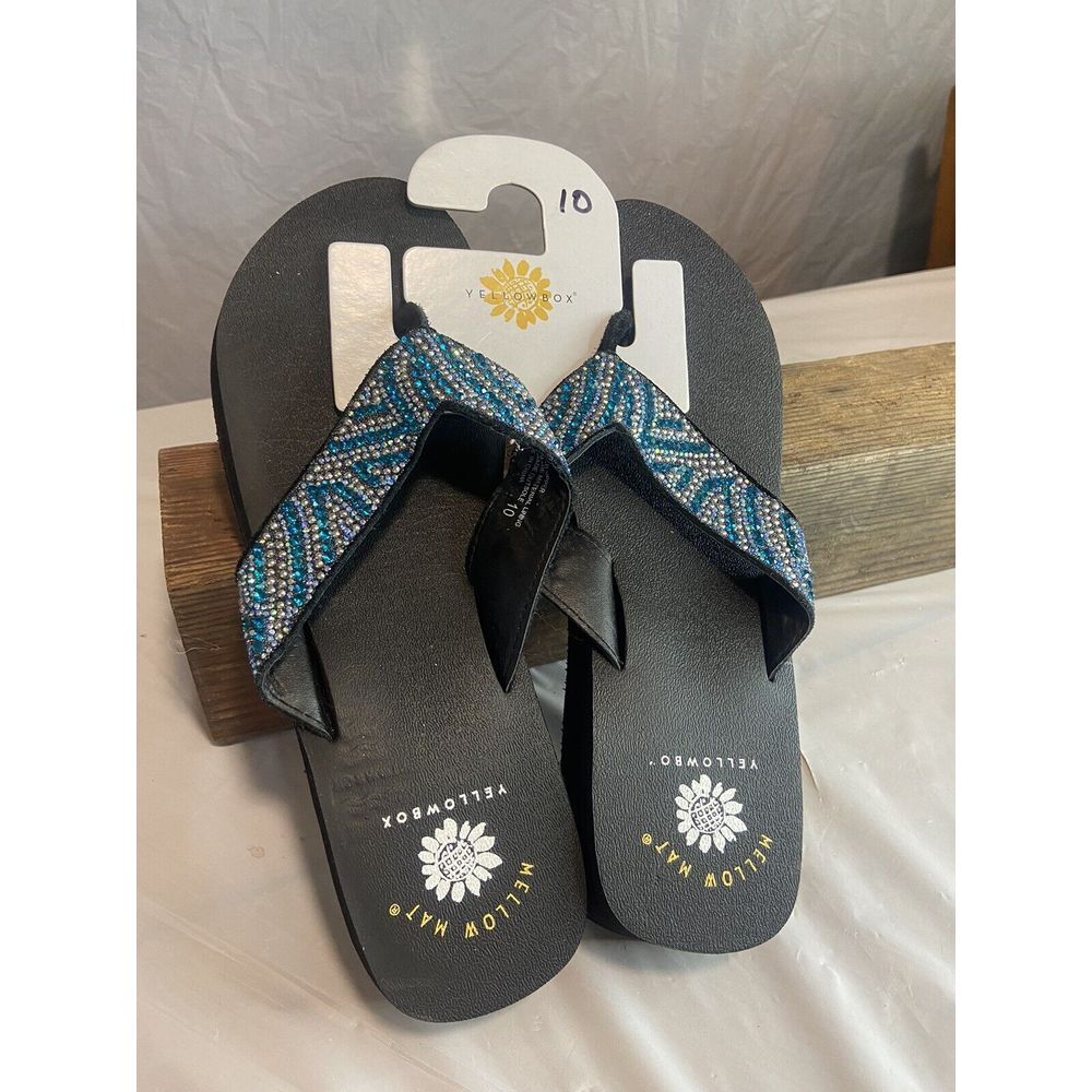 Women's Yellow Box Mellow Mat Black With Blue Sparkles Flip Flops-Size 10-NWT